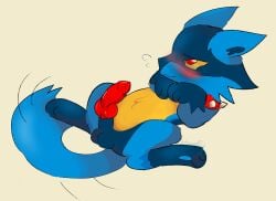 2024 absurd_res animal_genitalia animal_penis bloowolfy blue_body blue_fur canine_genitalia canine_penis erection feral fur generation_4_pokemon genitals hi_res knot lying male nintendo on_back penis pokemon pokemon_(species) riolu solo