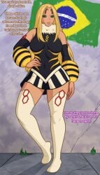 antennae bee bee_girl bee_hero big_breasts big_thighs blonde_hair brasil brazil brazilian brazilian_female feelers green_eyes hero hero_outfit_(mha) heroine lips mfuncen mineta_minoru my_hero_academia skirt street tanned_female tanned_skin thighs
