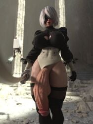 1futa 3d balls big_breasts blindfold breasts clothed clothing flaccid futa_only futanari huge_balls huge_breasts huge_cock hyper hyper_penis leotard leotard_aside light-skinned_futanari light_skin looking_at_viewer muscular muscular_futanari nier nier:_automata penis salamandraninja short_hair solo standing testicles white_hair yorha_2b