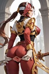 ai_generated armor back_view bodysuit breasts brown_hair curvaceous curvaceous_body curvy curvy_body cute gavver_x hi_res highres kamen_rider kamen_rider_sabela kamen_rider_saber_(series) pussy shindai_reika spread_legs spread_pussy sword uncensored yellow_eyes