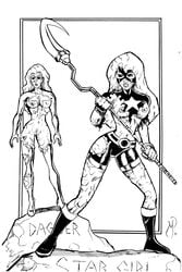 2girls black_and_white cloak_and_dagger courtney_whitmore crossover dagger_(marvel) dc dc_comics female female_only jsa justice_society_of_america marvel marvel_comics michael_powell monochrome nipples petrification pussy stargirl straight_hair superheroine torn_clothes