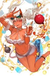 1girls ;d anklet bare_shoulders bikini bracelet breasts collarbone colored_skin copyright_request cup demon_girl detached_sleeves eyewear_on_head glass grey_shorts highres holding holding_cup horns ice ice_cube jewelry lack large_breasts long_hair nail_polish navel one_eye_closed open_clothes open_mouth open_shorts orange_eyes oversized_object red_horns red_skin shiny_skin shorts slit_pupils smile solo star_(symbol) sunglasses swimsuit teeth twintails upper_teeth_only v white_bikini white_hair