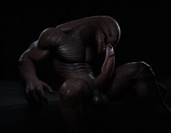 3d ai_generated alien alien_humanoid autofellatio balls brown_body brown_penis brown_skin creature dark-skinned_male dark_body dark_penis dark_skin gay gay_male monster monster_boy monster_cock muscular muscular_anthro muscular_arms muscular_male penis penis_lick self_lick sitting solo solo_anthro solo_male sucking teeth tongue tongue_around_penis