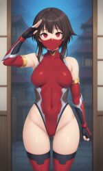 ai_generated brainwashed brainwashing brown_hair empty_eyes expressionless face_mask hypnosis hypnosis kono_subarashii_sekai_ni_shukufuku_wo! medium_hair megumin mental_transformation mind_control ninja pixai red_eyes red_suit salute saluting simple_background small_breasts tagme taimanin_(series) taimanin_suit thick_thighs younger_female