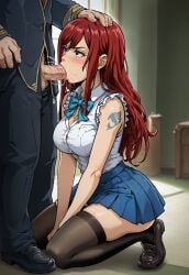 ai_generated akabur_style blowjob bowtie clothed clothing echodantalian erza_scarlet fairy_tail girl loafers miniskirt offscreen_male on_knees oral oral_sex red_hair saliva shirt tights