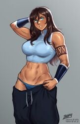 abs arm_tattoo avatar_legends biceps black_pants blue_eyes blue_panties bracer breasts brown_hair clothes_pull crop_top dark-skinned_female dark_skin drawstring female grey_background hair_between_eyes highres iahfy korra large_breasts long_hair muscular muscular_female navel panties pants pants_pull shiny_skin signature simple_background sleeveless solo stomach sweat sweatpants tattoo the_legend_of_korra underwear