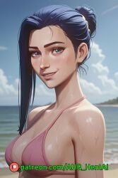 1girls ahq_hentai ai_generated arcane arcane_caitlyn bikini blue_hair blush breasts caitlyn_kiramman league_of_legends medium_breasts patreon perfect_body pink_bikini smile stable_diffusion standing wet