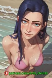 1girls ahq_hentai ai_generated arcane arcane_caitlyn bikini blue_hair blush breasts caitlyn_kiramman league_of_legends medium_breasts patreon perfect_body pink_bikini smile stable_diffusion standing wet