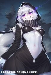 abyssal_ship ai_generated big_ass big_butt big_thighs blush evil_smile glowing_eyes huge_ass huge_butt huge_thighs kantai_collection medium_breasts pale-skinned_female pale_skin purple_hair re-class_battleship sharp_teeth small_breasts standing tail wanuze white_hair wide_hips