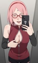 aged_up ai_generated ass bigmic145 boruto:_naruto_next_generations breasts detached_sleeves dress female female_only glasses medium_breasts naruto naruto_(series) pink_hair sakura_haruno sarada_uchiha sarada_uchiha_(cosplay) selfie short_hair shorts strip_tease stripping tease teasing thighhighs trying_on_clothes