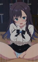 1boy absurdres alina_clover black_bow black_bowtie black_hair black_ribbon black_skirt blush bow bowtie breasts censored clothed_sex clothing_aside female guild_no_uketsukejou_desu_ga_zangyou_wa_iya_nanode_boss_wo_solo_toubatsu_shiyou_to_omoimasu hair_ribbon highres large_breasts long_hair looking_at_viewer mosaic_censoring motion_lines on_table open_mouth out_of_frame panties panties_aside ribbon sex skirt smile spread_legs table takuru underwear vaginal_penetration very_long_hair white_background