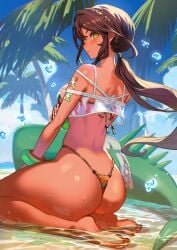 1girls andromeda_(fate) andromeda_(second_ascension)_(fate) armlet ass ass_cleavage back back_focus bare_shoulders barefoot bikini blush braid breasts brown_hair butt_crack cetus_(fate) dark-skinned_female dark_skin day fate/grand_order fate_(series) feet from_behind green_eyes hair_ornament highleg highleg_bikini highres inflatable_toy jewelry lack large_breasts long_hair looking_at_viewer looking_back low_ponytail multicolored_bikini outdoors palm_tree ponytail rainbow_bikini see-through_clothes see-through_shirt shallow_water shirt sidelocks sitting soles solo swimsuit thick_thighs thighs thong_bikini toes tree tropical water water_drop wet white_nails