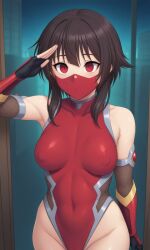 ai_generated brainwashed brainwashing brown_hair empty_eyes expressionless face_mask hypnosis hypnosis kono_subarashii_sekai_ni_shukufuku_wo! medium_hair megumin mental_transformation mind_control ninja pixai red_eyes red_suit salute saluting simple_background small_breasts tagme taimanin_(series) taimanin_suit thick_thighs younger_female