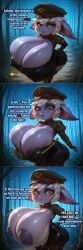 ai_generated army_girl army_uniform big_areola big_breasts boob_window breasts_out caption cleavage cleavage_overflow comic embarrassed english_text latex league_of_legends onomatopoeia riot_games shocked_expression shortstack shy siioh surprised sweat sweaty_breasts tight_clothing tristana wardrobe_malfunction yordle