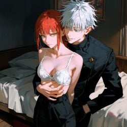 1boy 1girls ai_generated blue_eyes bra chainsaw_man company_connection crossover female gojou_satoru hand_around_waist hand_on_stomach hugging_from_behind jujutsu_kaisen light-skinned_female light-skinned_male light_skin lingerie makima_(chainsaw_man) male male/female red_hair satoru_gojo shirtless_female straight undressing white_bra white_hair