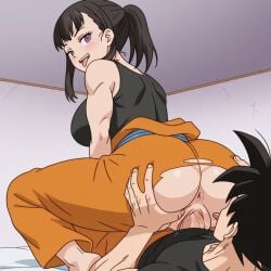 ai_generated ass ass_grab barefoot big_penis breast cheating_husband cock cowgirl_position crossover dragon_ball dragon_ball_super dragon_ball_z enen_no_shouboutai excited fire_force goku horny_female horny_male indoors juice looking_at_another lying lying_down maki_oze muscular_female netorare ntr on_top oze_maki reverse_cowgirl_position sexy son_goku tank_top unfaithful vaginal_penetration