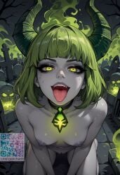 ai_generated chocker dota_2 female graveyard green_eyes green_hair grey_skin horns kneeling nipples pugna pussy qr_code small_breasts solo tombstone tongue tongue_out