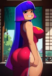 1girls ai_generated backview big_ass big_breasts blue_hair chinese_dress clothed female glitch_techs lautpomp long_hair looking_at_viewer miko_kubota multicolored_hair smile smiling thick_thighs violet_hair