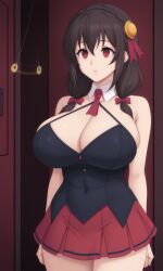 ai_generated big_breasts brainwashed brown_hair collar empty_eyes expressionless hypnosis hypnosis kono_subarashii_sekai_ni_shukufuku_wo! large_breasts medium_breasts mind_control pendulum pixai red_eyes red_ribbon red_ribbons red_skirt simple_background skirt tagme tie yunyun_(konosuba)