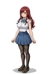 ai_generated akabur_style bowtie clothed clothing echodantalian erza_scarlet fairy_tail girl loafers miniskirt red_hair shirt tights