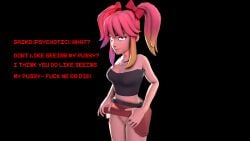 crazy crazy_eyes crazy_girl crazy_smile dominant_female gesugao imminent_sex no_panties pink_hair psycho red_eyes saiko_bichitaru_(smg4) skirt skirt_lift smg4 squid_fm yandere