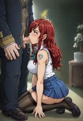 ai_generated akabur_style blowjob bowtie clothed clothing echodantalian erza_scarlet fairy_tail girl loafers miniskirt offscreen_male on_knees oral oral_sex red_hair saliva shirt tights