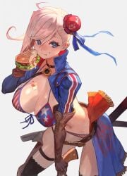 1girls american_flag_bikini american_flag_print belt big_breasts bikini blue_eyes breasts bun_cover burger choker cleavage elbow_gloves fate/grand_order fate_(series) female female_focus female_only flag_print food gloves hair_bun highres huge_breasts lack large_breasts looking_at_viewer miyamoto_musashi_(fate) miyamoto_musashi_(fate/grand_order) miyamoto_musashi_(swimsuit_berserker)_(fate) miyamoto_musashi_(swimsuit_berserker)_(second_ascension)_(fate) oppai pink_hair print_bikini shrugging single_hair_bun solo swept_bangs swimsuit voluptuous voluptuous_female