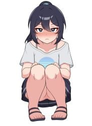 black_hair blush collarbone commentary_request embarrassed female full_body highres knees_together_feet_apart kumada_gaon long_hair looking_at_viewer no_panties original ponytail sandals shirt short_sleeves simple_background skirt solo squatting t-shirt toenails white_background