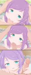 1girls 3koma after_fellatio after_oral anastasia_hoshin aqua_eyes cum cum_in_mouth cum_string fellatio hot_spring naked onsen oral purple_hair rawr69 re:zero_kara_hajimeru_isekai_seikatsu