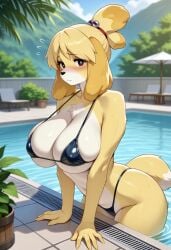 1girls ai_generated animal_crossing animal_crossing_new_horizons big_breasts blush curvaceous_figure curvy furry glistening glistening_body isabelle_(animal_crossing) looking_at_viewer micro_bikini nintendo outdoor pool sirenia thong wet worried_expression