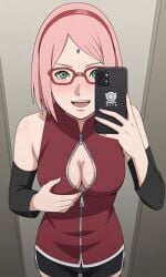 aged_up ai_generated ass bigmic145 boruto:_naruto_next_generations breasts detached_sleeves dress female female_only glasses medium_breasts naruto naruto_(series) pink_hair sakura_haruno sarada_uchiha sarada_uchiha_(cosplay) selfie short_hair shorts strip_tease stripping tease teasing thighhighs trying_on_clothes