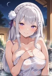 accessory ai_generated blush closed_mouth elf elf_ears emilia_(re:zero) female flower hi_res huge_breasts looking_at_viewer purple_eyes re:zero_kara_hajimeru_isekai_seikatsu sephiaton955 silver_hair smile sweatdrop teenage_girl teenager thermal_waters towel towel_only