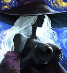 2025 big_breasts cinderone dark-skinned_female elden_ring elden_ring_nightreign fromsoftware holding_breast recluse_(nightreign) white_hair witch_hat