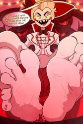 2boys 5toes alastor_(hazbin_hotel) big_feet big_hat extreme_size_difference foot_fetish hazbin_hotel looking_pleasured looking_up lucifer_morningstar_(hazbin_hotel) micro neck_ribbon patreon pov_feet siting talking text_bubble thesigmaarts white_skin