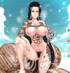 1girls big_breasts black_hair boa_hancock breasts earrings female long_hair nipples one_piece pubic_hair pussy sodomi_pigtail solo tattoo