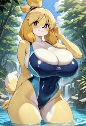 1girls ai_generated animal_crossing animal_crossing_new_horizons bathing_suit big_breasts blush breast_focus curvaceous_figure curvy furry furry_female isabelle_(animal_crossing) milf nintendo outdoors sirenia voluptuous voluptuous_female waterfall