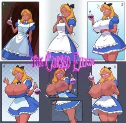 1girls absurd_res absurdres ai_assisted ai_generated alice_(disney) alice_in_wonderland alice_liddell apron arm_under_breasts big_breasts big_nipples black_bow blonde_hair blue_dress blue_eyes breast_expansion breast_grab breasts breasts_out bursting_breasts cleavage closed_eyes comic comic_page dress drinking female female_focus female_only film_grain hair_ribbon hairbow headwear hi_res high_resolution highres holding_breast holding_object huge_breasts hyper_breasts large_areolae large_breasts legs lips lipstick medium_breasts medium_hair motion_lines nipples numbleg potion potion_bottle puffy_nipples puffy_sleeves raised_eyebrows shiny_hair shiny_skin solo solo_female surprised thick_thighs thighs tight_clothing white_apron