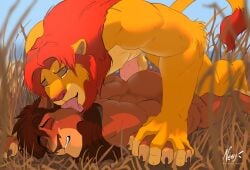 2boys anal animal_ears ass blue_sky claws clenched_teeth closed_eyes english_commentary erection furry furry_male gay highres kovu_(the_lion_king) licking licking_another's_face lion_boy lion_ears lion_mane lion_tail lying male_focus male_penetrated multiple_boys muscular muscular_male negy_(negnegger) on_grass on_stomach penis scar scar_across_eye scar_on_face simba sky tail teeth the_lion_king the_lion_king_2:_simba's_pride tongue tongue_out yaoi