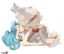 bridal_gauntlets feral feral_on_female granblue_fantasy knot knotted_penis light_blue_hair lyria_(granblue_fantasy) myrneko nude nude_female penetration vaginal_penetration white_background zoophilia zoophilia