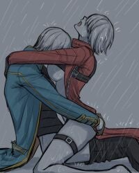 belt_bra clothed_sex cowgirl_position dante devil_may_cry devil_may_cry_3 incest pichuuuchan raining rule_63 short_hair trenchcoat vergil white_hair