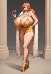 1girls ai_generated alternate_breast_size ambrose big_ass bimbo bracelets brown_eyes bubble_butt clothing earrings female female_only fur_shawl gigantic_breasts hand_on_hip high_heels hoop_earrings hourglass_figure long_hair minidress nami nami_(one_piece) narrow_waist one_piece orange_hair pearl_necklace platform_heels self_upload smile stable_diffusion thick_lips thick_thighs trophy_wife wide_hips wine_glass