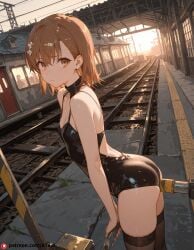 ai_generated beautfiul_background buttjob disappointed flat_chest misaka_imouto railroad stunning_backgroud thighhighs