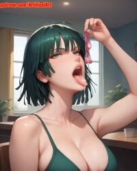 1girls ai_generated artifical_art big_breasts condom cum_in_mouth curvaceous_female cute_face dark_green_hair dripping_cum fubuki_(one-punch_man) green_eyes green_hair light-skinned_female mature_female medium_hair one-punch_man open_mouth perfect_body semen_on_tongue short_hair tongue_out used_condom voluptuous_female