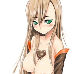 1girls akinonasi between_breasts blush breasts brown_hair chocolate chocolate_heart detached_sleeves female food_between_breasts green_eyes heart large_breasts long_hair nipples pointy_chin solo tales_of_(series) tales_of_the_abyss tear_grants valentine white_background