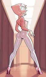 1girls ass ass backboob blue_eyes blush bubble_butt cartoon_network gem_(species) high_heels long_legs pantyhose pearl_(steven_universe) pink_hair shiny_clothes shiny_skin short_hair shy sideboob small_breasts solo standing steven_universe sweat sweatdrop sweating sweaty tosca turtleneck