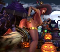 1girls 3d alexstrasza barbell_piercing big_ass big_breasts blizzard_entertainment female halloween horns light-skinned_female light_skin mrtaxman nipple_piercing pussy red_hair stockings thighs warcraft witch_hat world_of_warcraft