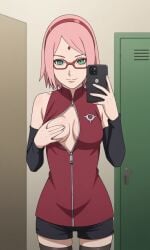 aged_up ai_generated ass bigmic145 boruto:_naruto_next_generations breasts detached_sleeves dress female female_only glasses medium_breasts naruto naruto_(series) pink_hair sakura_haruno sarada_uchiha sarada_uchiha_(cosplay) selfie short_hair shorts strip_tease stripping tease teasing thighhighs trying_on_clothes