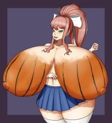 1girls body_paint breasts doki_doki_literature_club female female_only gigantic_breasts green_eyes huge_breasts long_hair monika_(doki_doki_literature_club) open_mouth open_smile painted_breasts red_eclipse skirt smile solo solo_female thighhighs