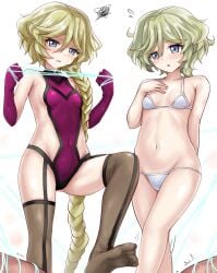 1boy 2girls bikini blonde_hair blush bondage bondage bound braid braided_ponytail breasts carol_malus_dienheim clothing_cutout covered_navel elfnein feet femdom leotard long_hair looking_at_viewer mole mole_under_eye navel purple_leotard r-binon senki_zesshou_symphogear shiny_skin short_hair side_cutout sideless_outfit small_breasts thighhighs white_background white_bikini wire