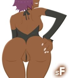 apple_butt ass ass_grab bleach cameltoe dark-skinned_female dark_skin female grin leotard looking_back purple_hair sf shihouin_yoruichi solo